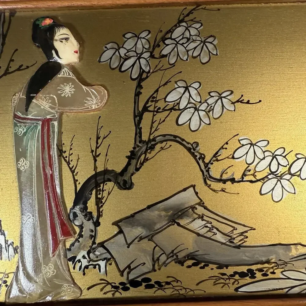 Vintage Asian Reverse Painted Glass Wall Art Geisha Women Gold Background MCM